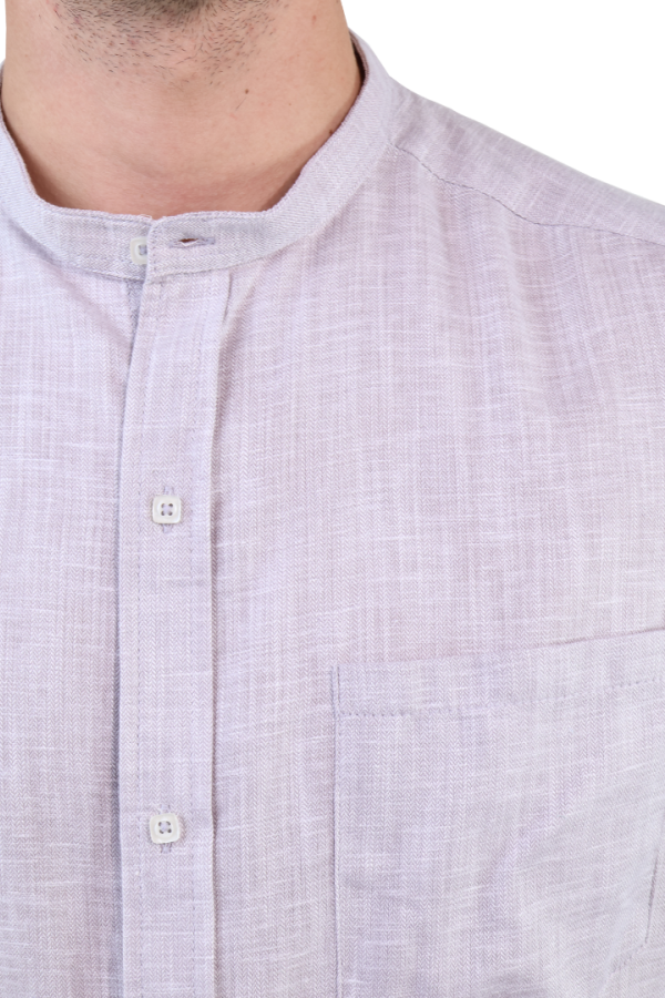 Camisa Gris Textura Lino Manga Larga Slim Fit Cuello Mao Para Caballero